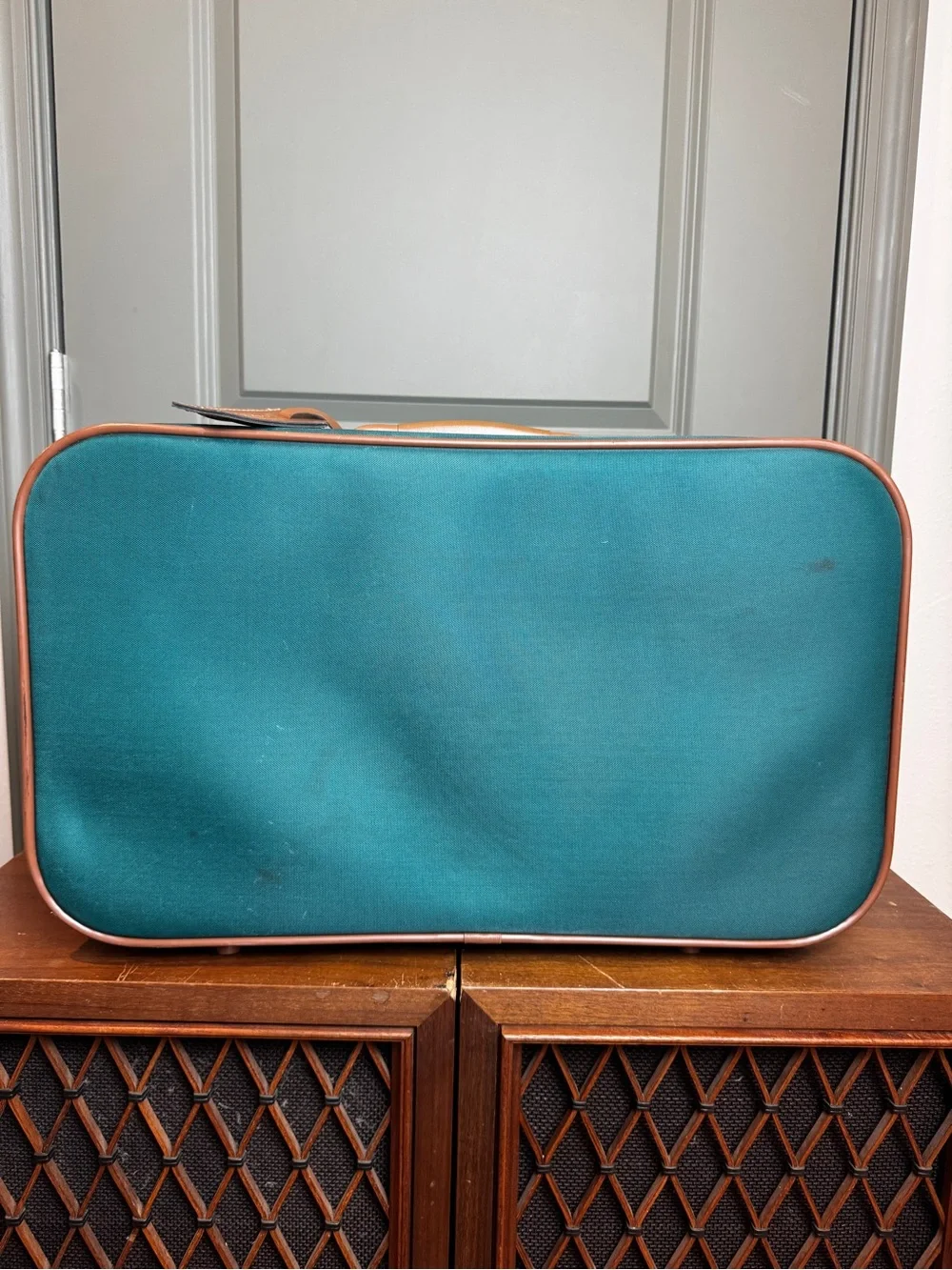 Jaguar Luggage Suitcase Travel Bag Green With Leather Trim - Vintage Luggage